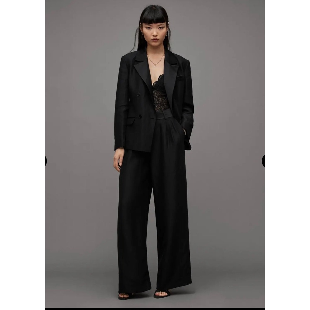 AllSaints Black Eve Trouser Linen Viscose Wide Leg Pleated Pants Size 6